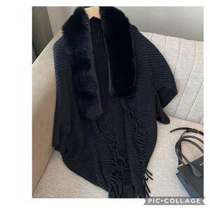 FAUX FUR COLLAR SHRUG FRINGE KNIT BLACK CONCERT OPERA